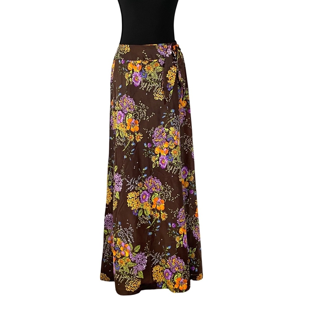 Sandcastle Vtg Brown Floral Nylon Maxi Skirt Made in USA Cottagecore Boho Hippie